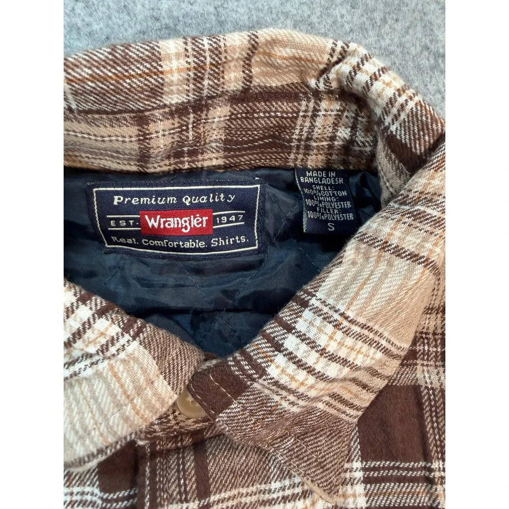 Wrangler Mens Brown Plaid Quilted Lined Flannel Shirt Jacket Size S Button Up